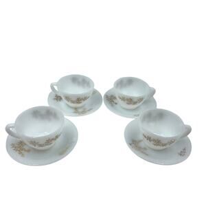 Vintage Federal Glass Milk Glass Meadow Gold Wheat Coffee Tea Cups & Saucers